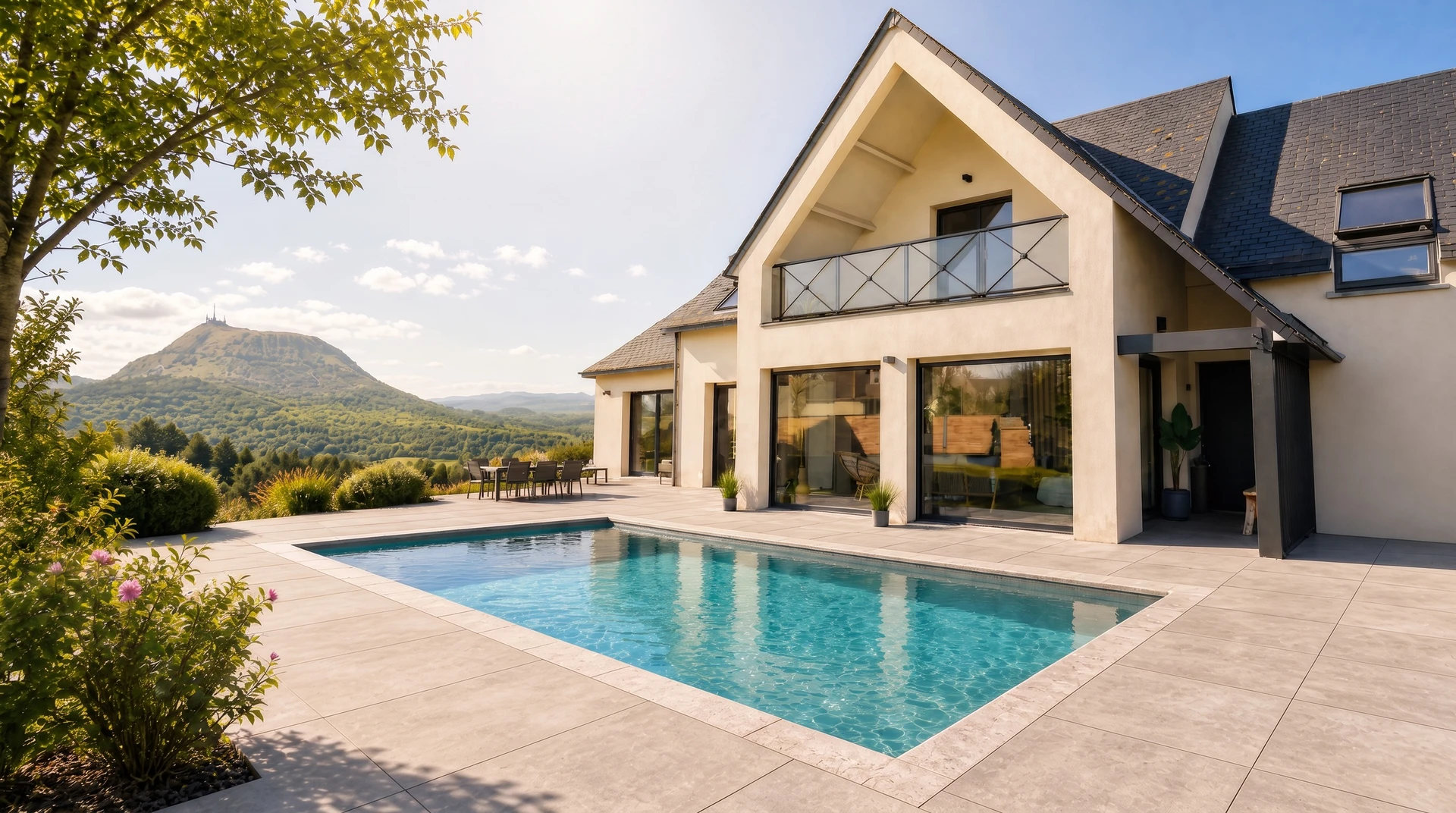 Espace extérieur résidentiel avec piscine rectangulaire à débordement, entourée de margelles en béton et terrasse en lames de bois composite